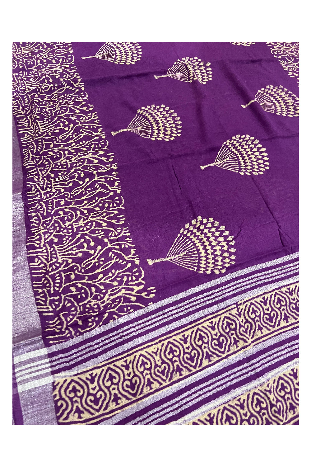 Southloom Linen Violet Designer Saree with White Prints and Tassels on Pallu