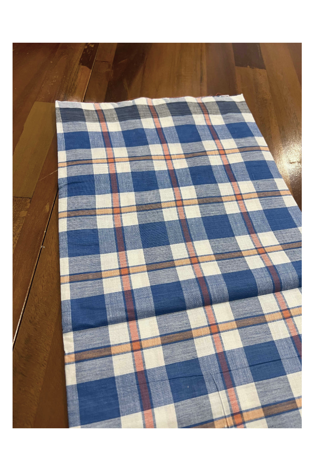 Southloom Premium Handloom Borderless Blue Orange Checkered Single Mundu (Lungi)