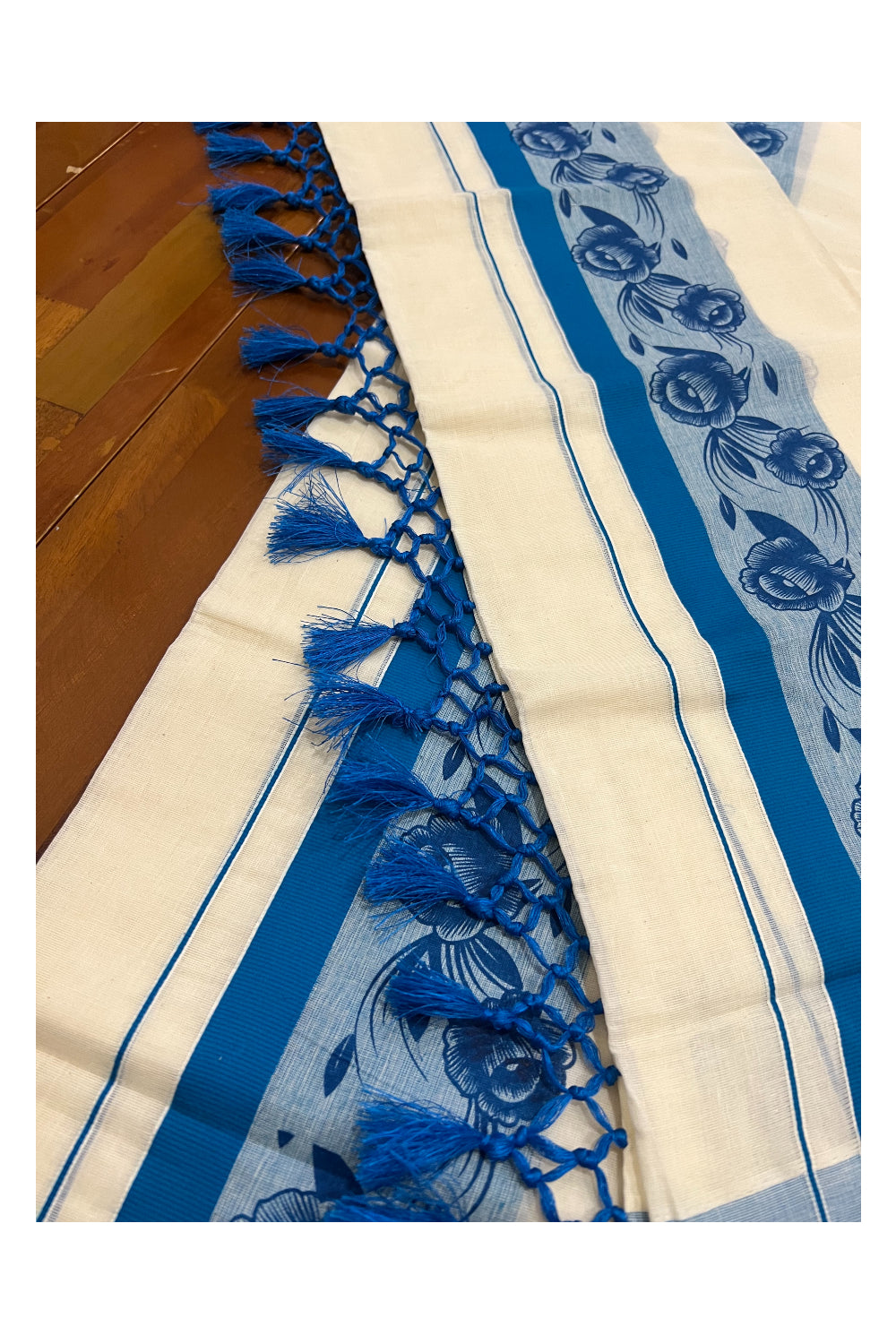 Kerala Cotton Set Mundu (Mundum Neriyathum) with Blue Floral Block Prints and Tassels Border