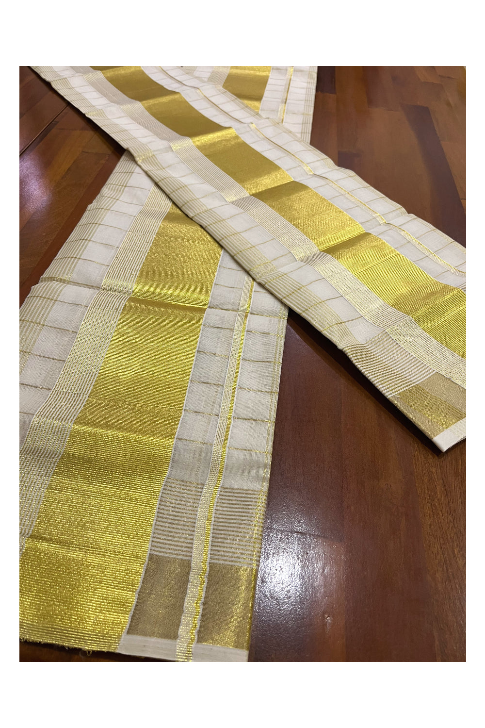 Pure Cotton Set Mundu (Mundum Neriyathum) with Kasavu Woven Check Design on Body 2.80 Mtrs