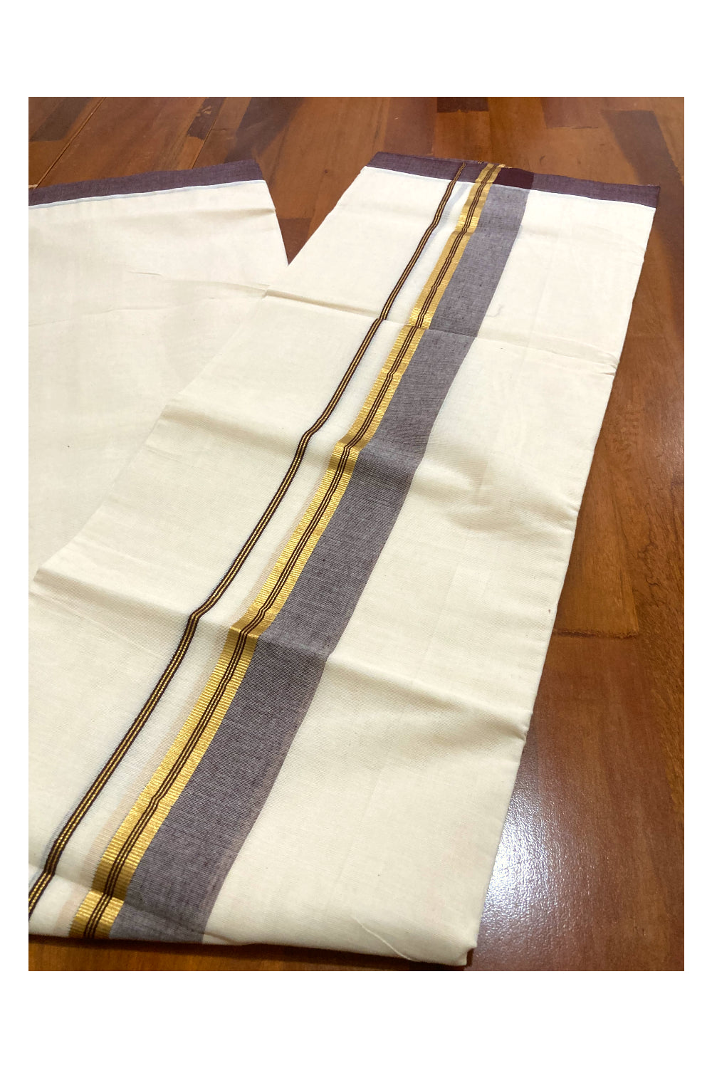 Pure Cotton Double Mundu with Brown and Kasavu Border (South Indian Dhoti)