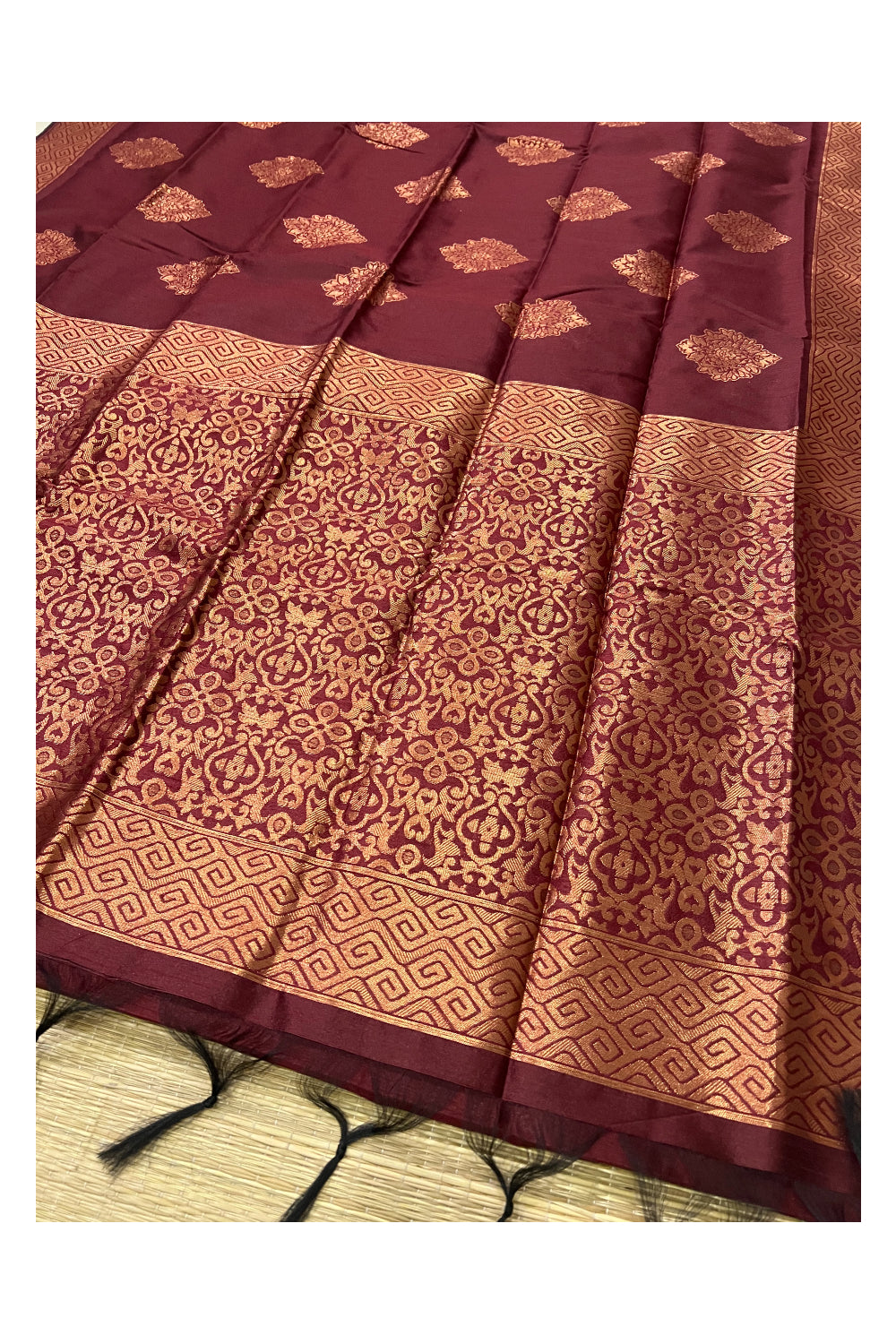 Southloom Maroon Semi Silk Designer Saree with Copper Kasavu Woven Works on Body