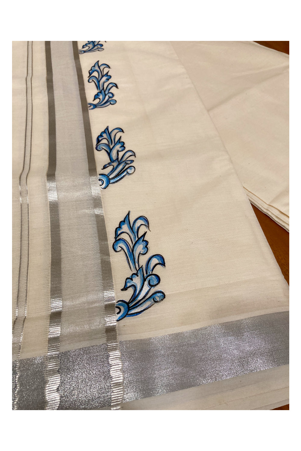 Pure Cotton Silver Kasavu Mundu with Mural Hand Painted Design (South Indian Dhoti)