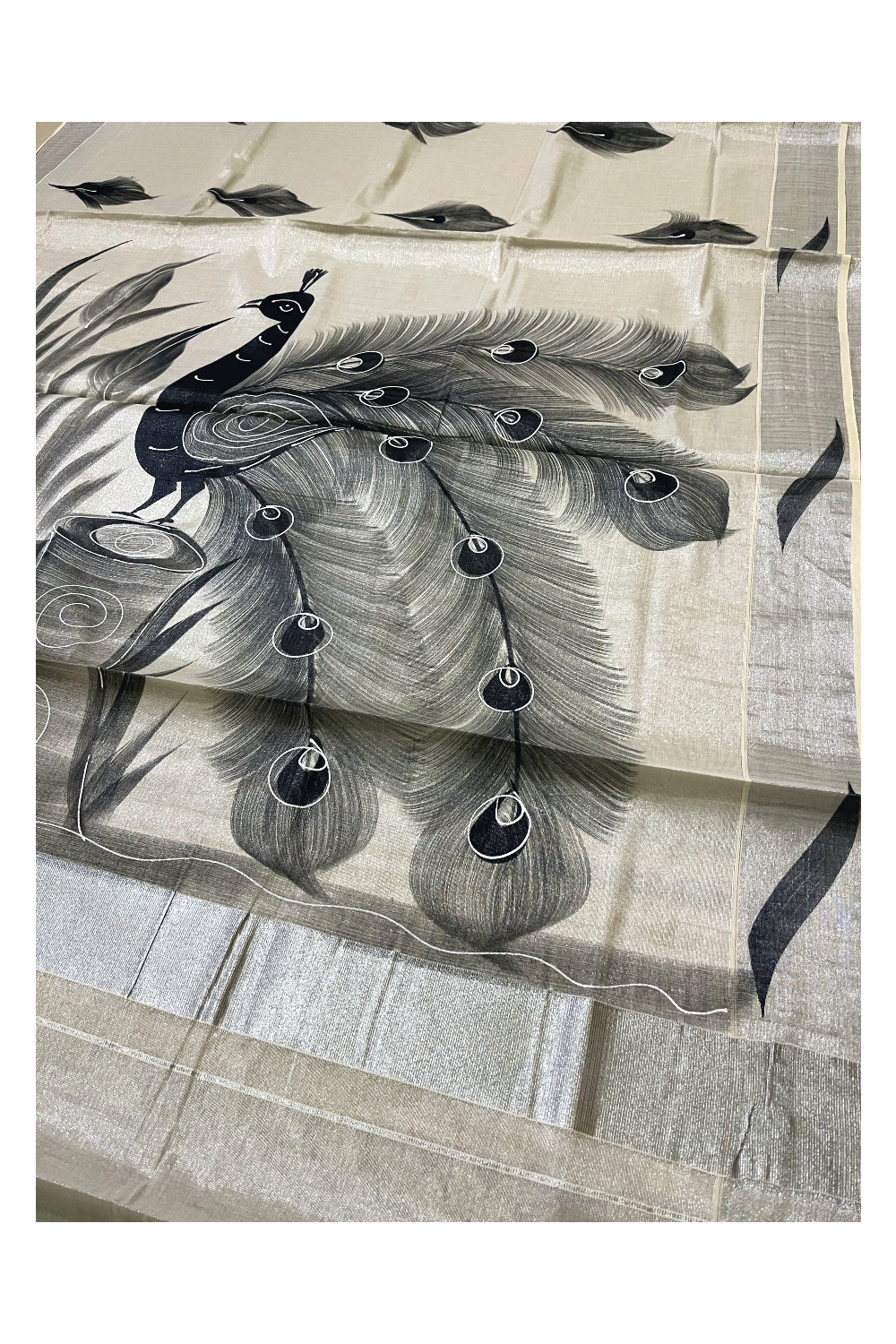 Kerala Silver Tissue Kasavu Saree with Black Hand Painted Peacock Design