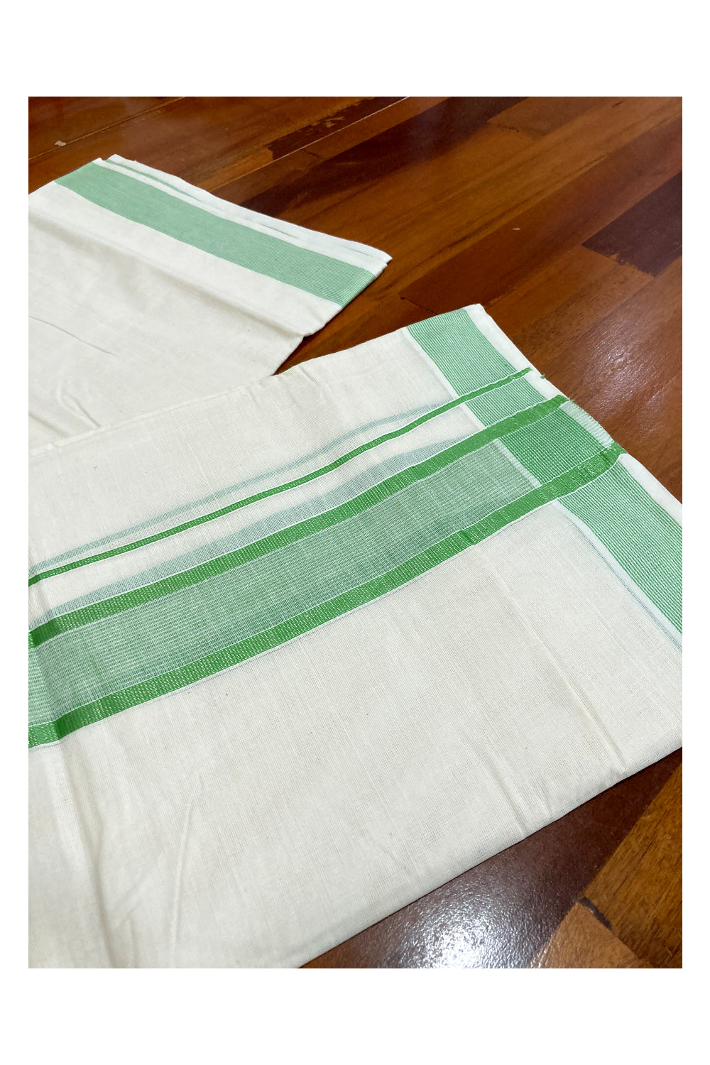 Pure Cotton Off White Double Mundu with Light Green and Silver Kasavu Border (South Indian Dhoti)