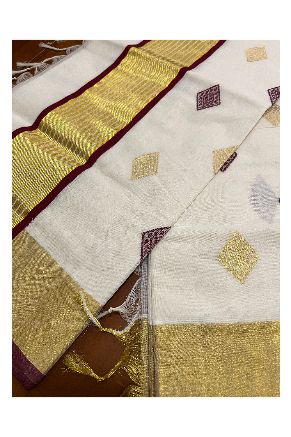 Southloom™ Premium Handloom Cotton Kerala Saree with Golden and Maroon Woven works on Body