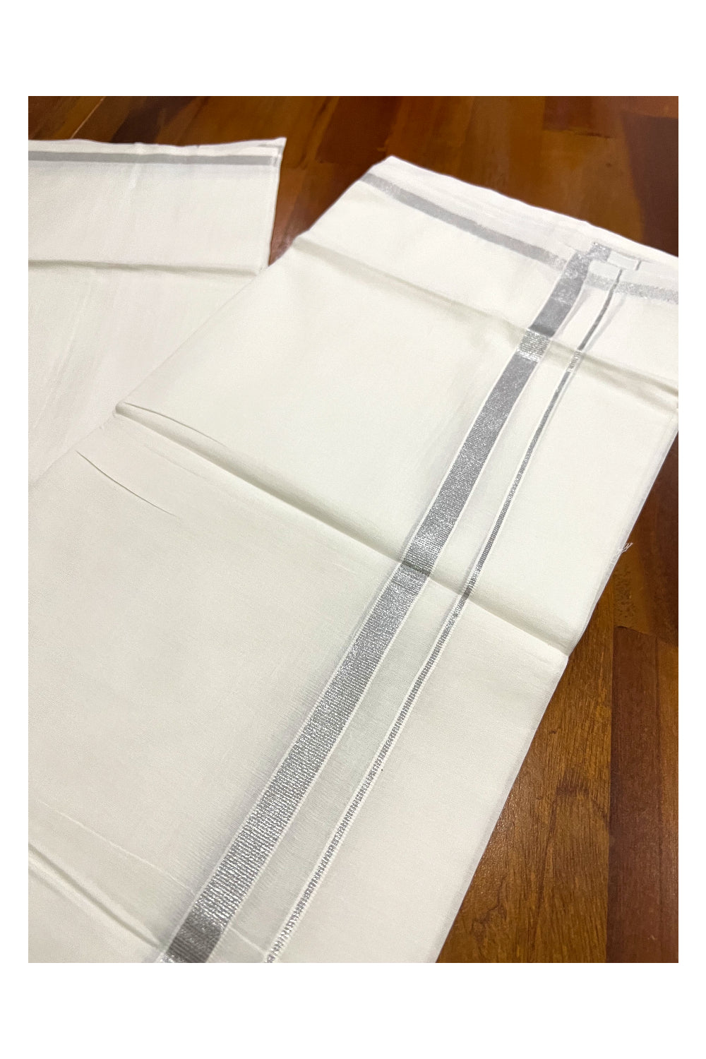 Pure White Cotton Double Mundu with 0.5 inch Silver Kasavu Border (South Indian Kerala Dhoti)