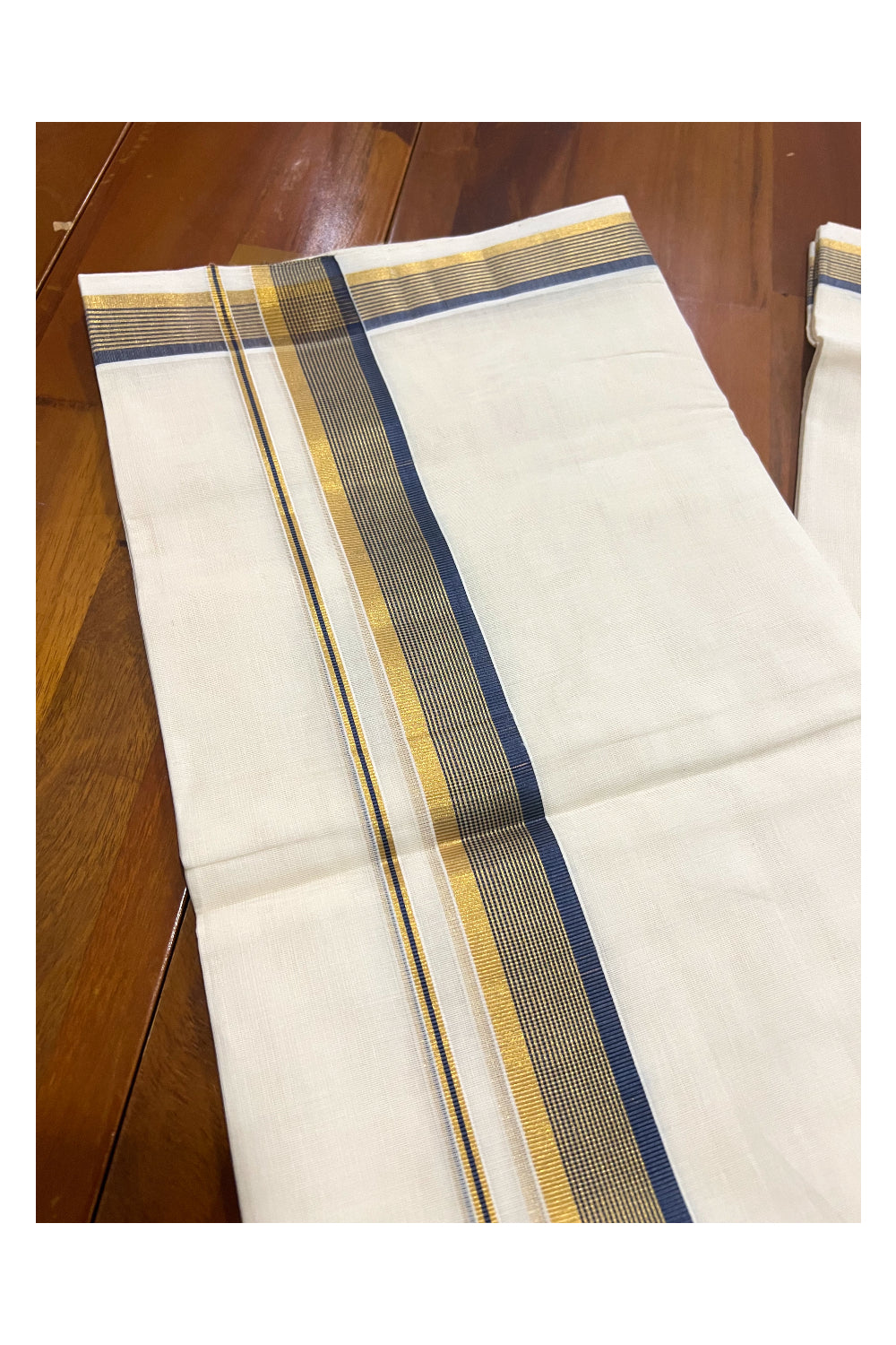 Southloom Premium Handloom Pure Cotton Mundu with Golden and Navy Blue Kasavu Border (South Indian Dhoti)