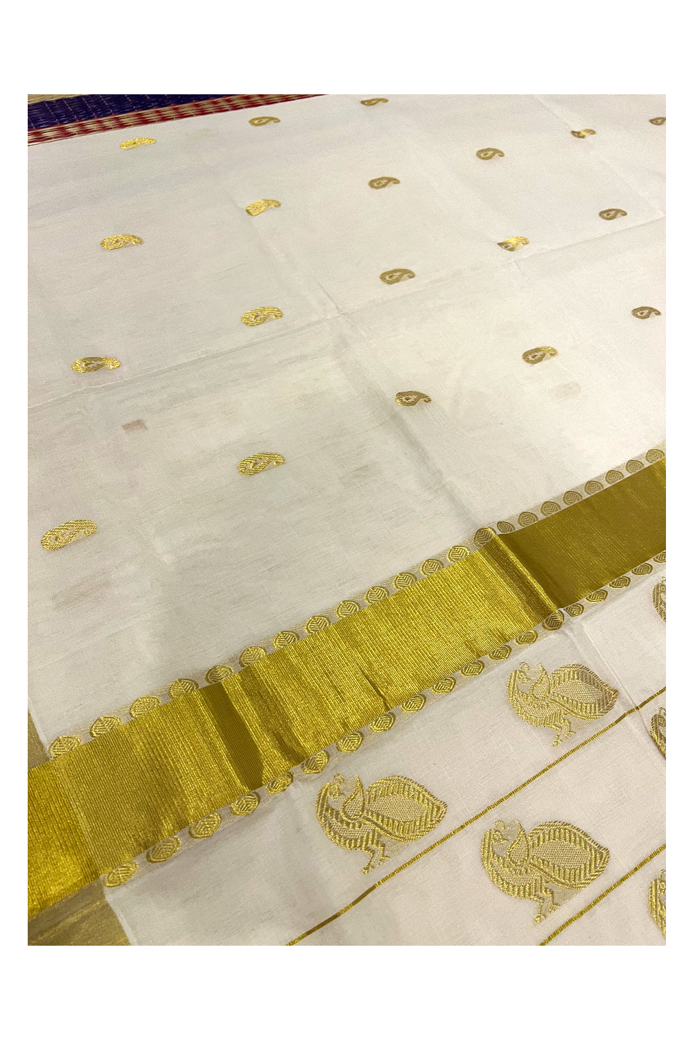 Southloom™ Premium Handloom Cotton Kasavu Peacock Design Heavy Woven Work Saree