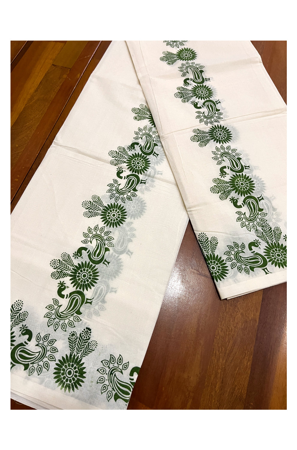 Kerala Cotton Set Mundu (Mundum Neriyathum) with Green Peacock Block Prints on Border 2.80 Mtrs