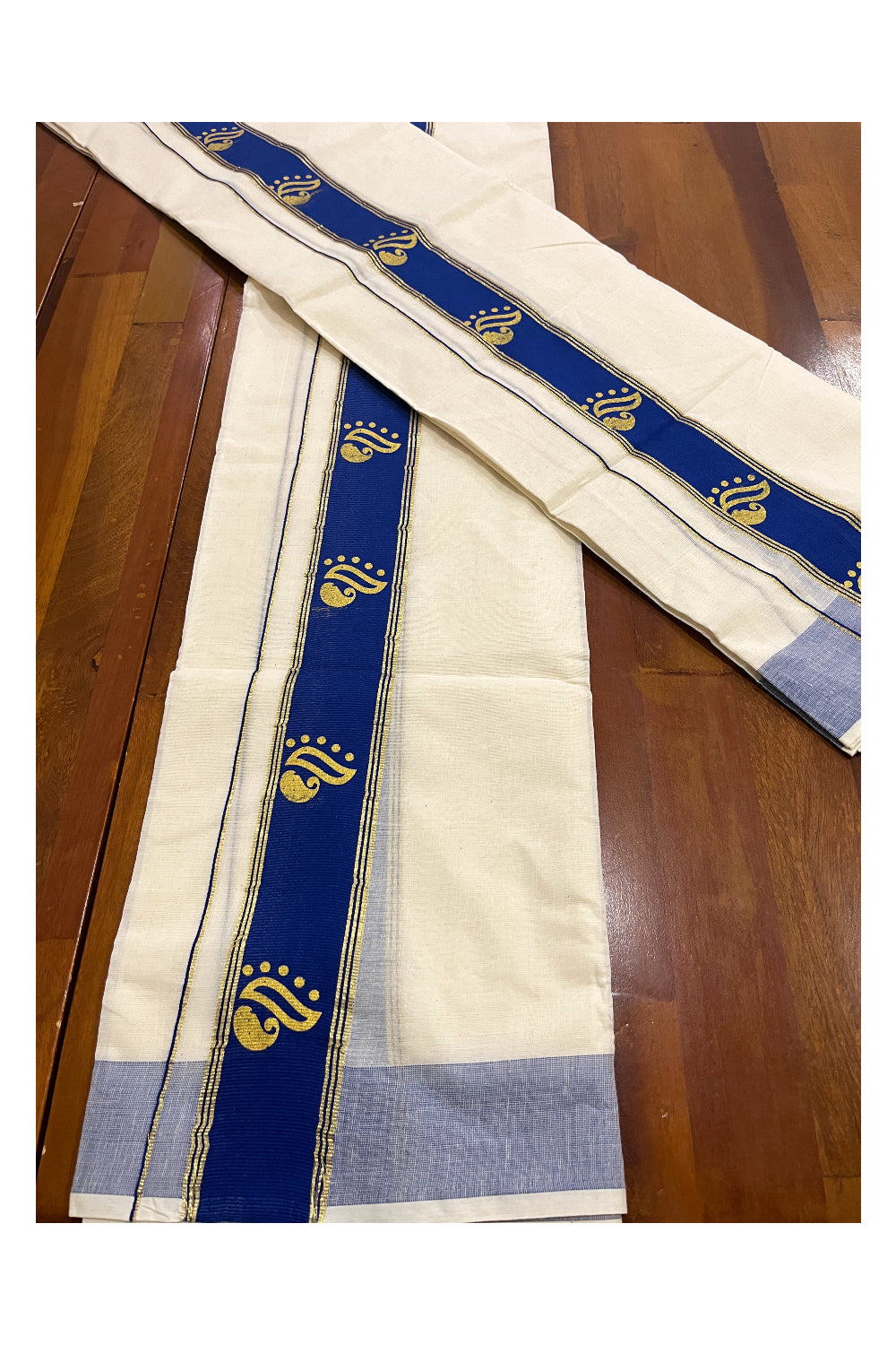 Pure Cotton Kasavu Single Set Mundu (Mundum Neriyathum ) with Golden Block Prints on Blue Border