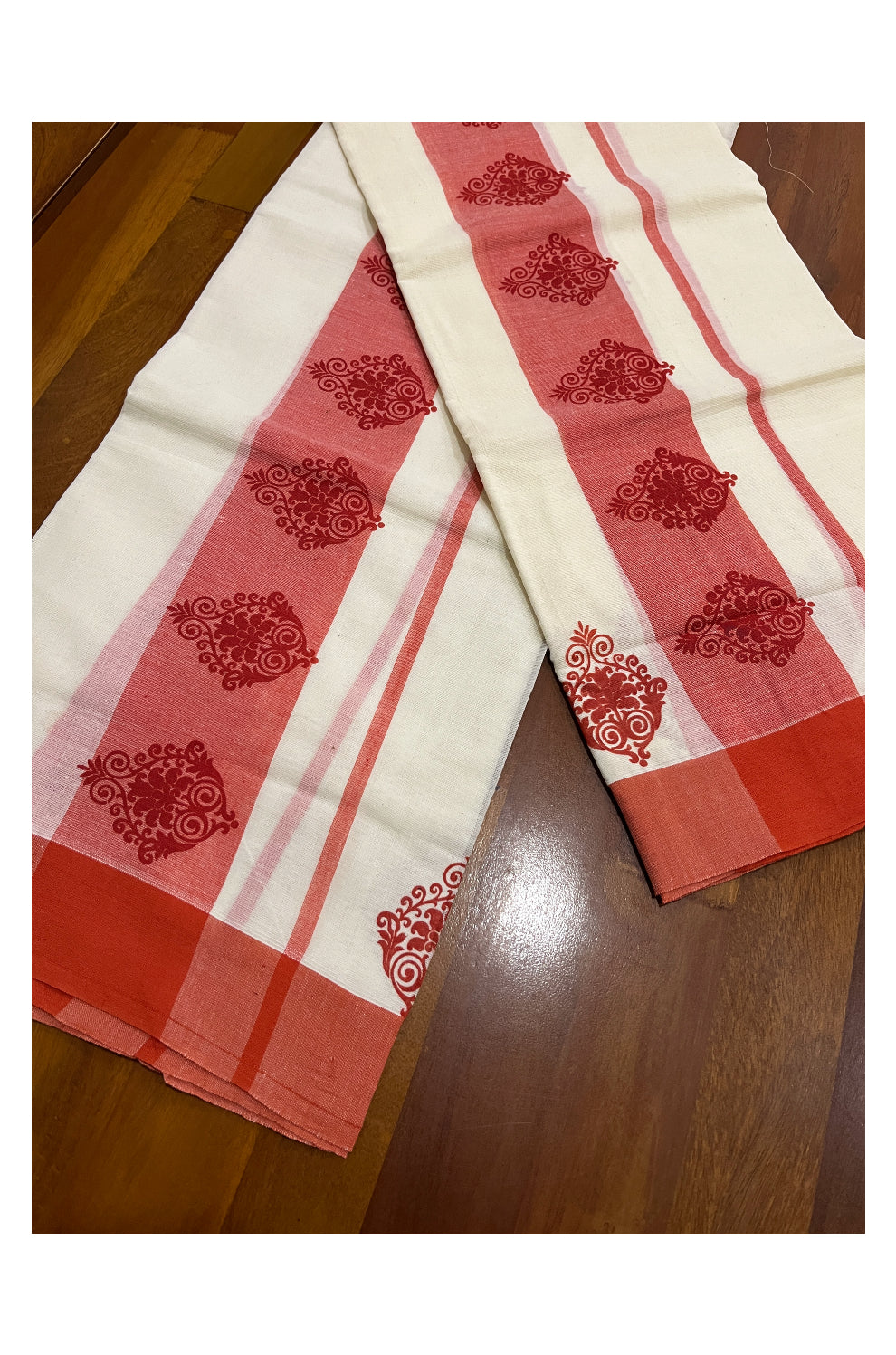 Kerala Cotton Set Mundu (Mundum Neriyathum) with Red Block Prints on Border