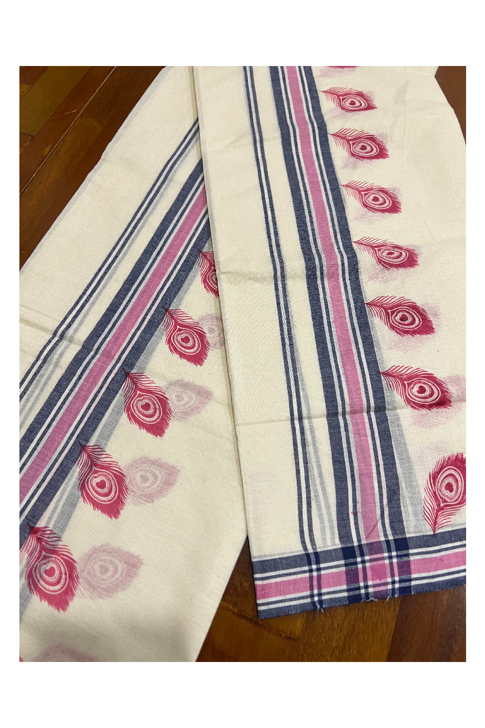 Pure Cotton Set Mundu (Mundum Neriyathum) with Pink Feather Block Prints on Blue and Pink Border