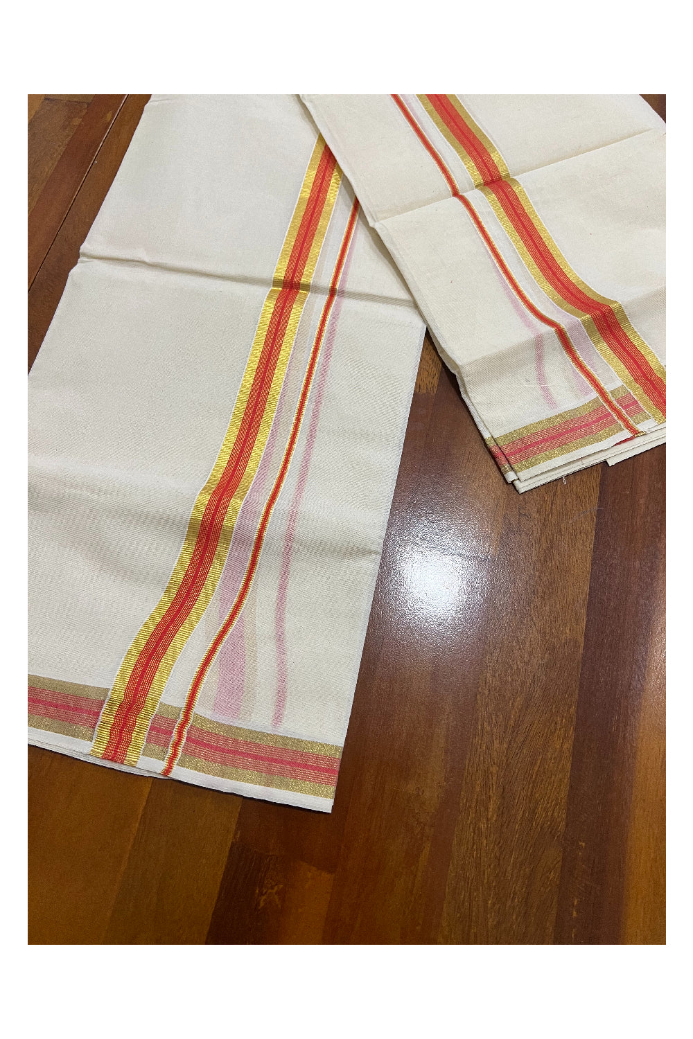 Kerala Cotton Mundum Neriyathum Single (Set Mundu) with Kasavu and Orange Border 2.80 Mtrs