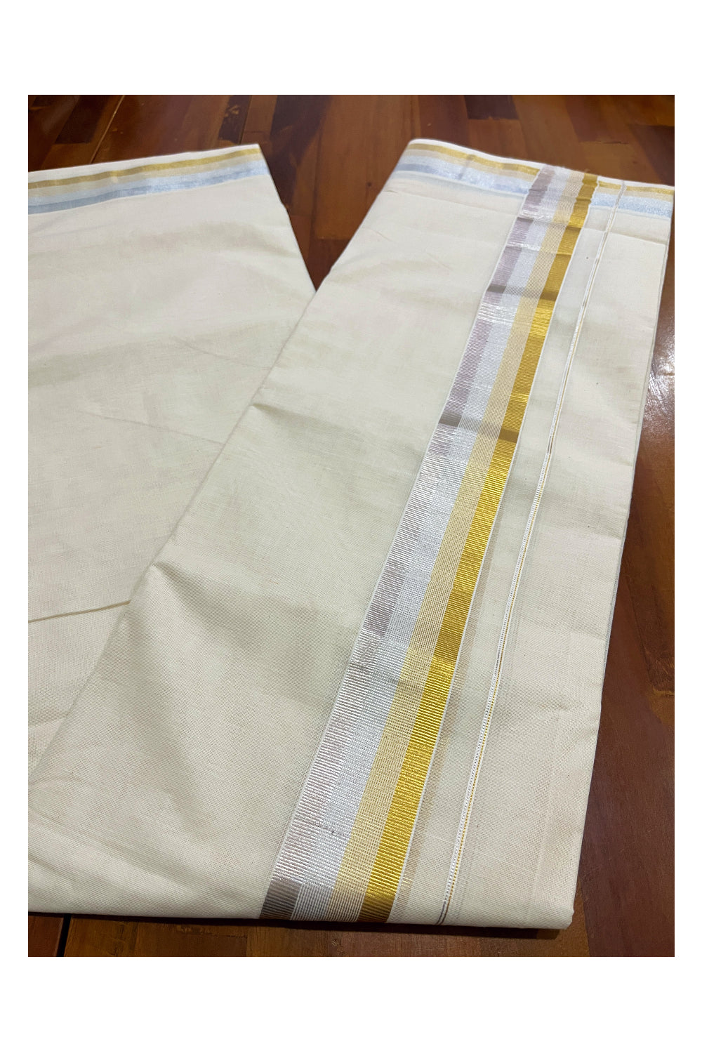 Pure Cotton Double Mundu with Golden and Silver Kasavu Kara (South Indian Dhoti)