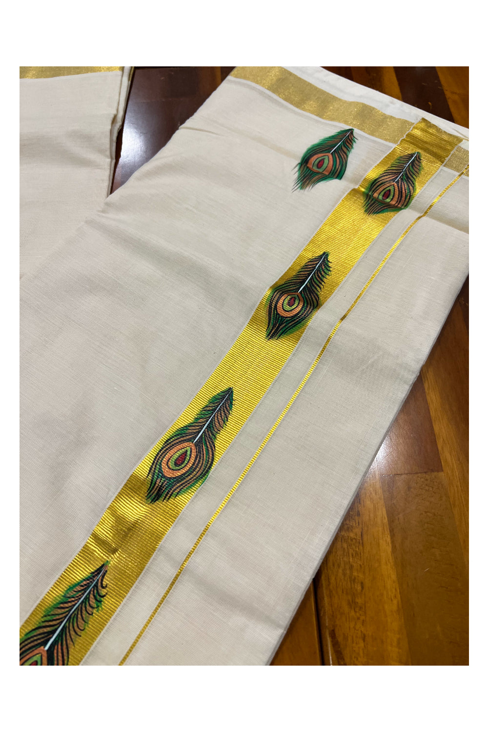 Pure Cotton Kasavu Mundu with Mural Hand Painted Peacock Feather Design (South Indian Dhoti)