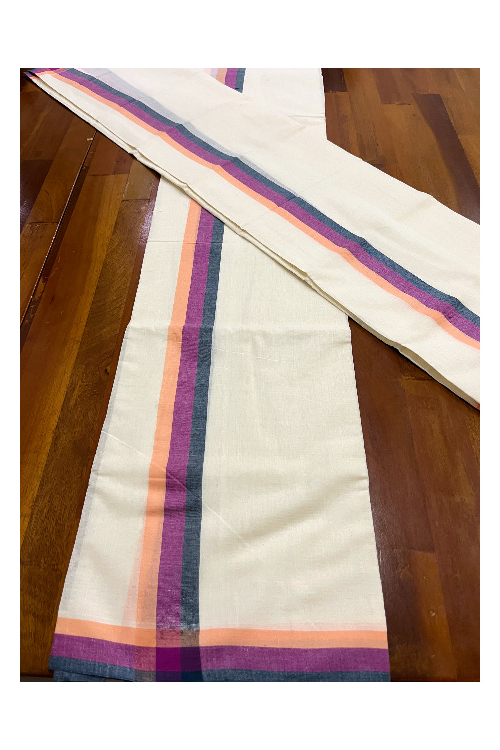 Kerala Cotton Mundum Neriyathum Single (Set Mundu) with Blue Magenta and Black Mulloth Border (Extra Soft Cotton)