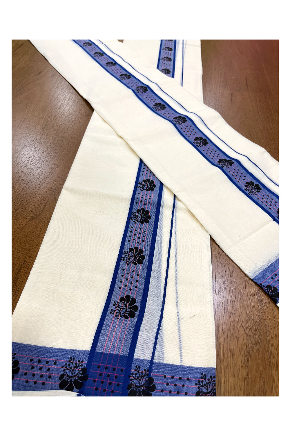 Kerala Cotton Set Mundu (Mundum Neriyathum) with Black Block Prints on Blue Border 2.80 Mtrs