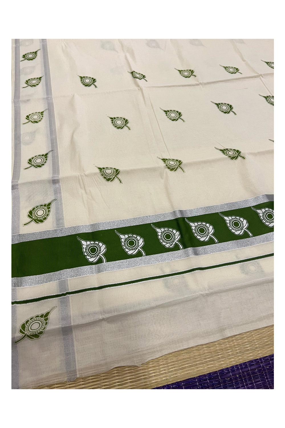 Pure Cotton Kerala Silver Kasavu Saree with White Leaf Block Printed Design in Bottle Green Pallu