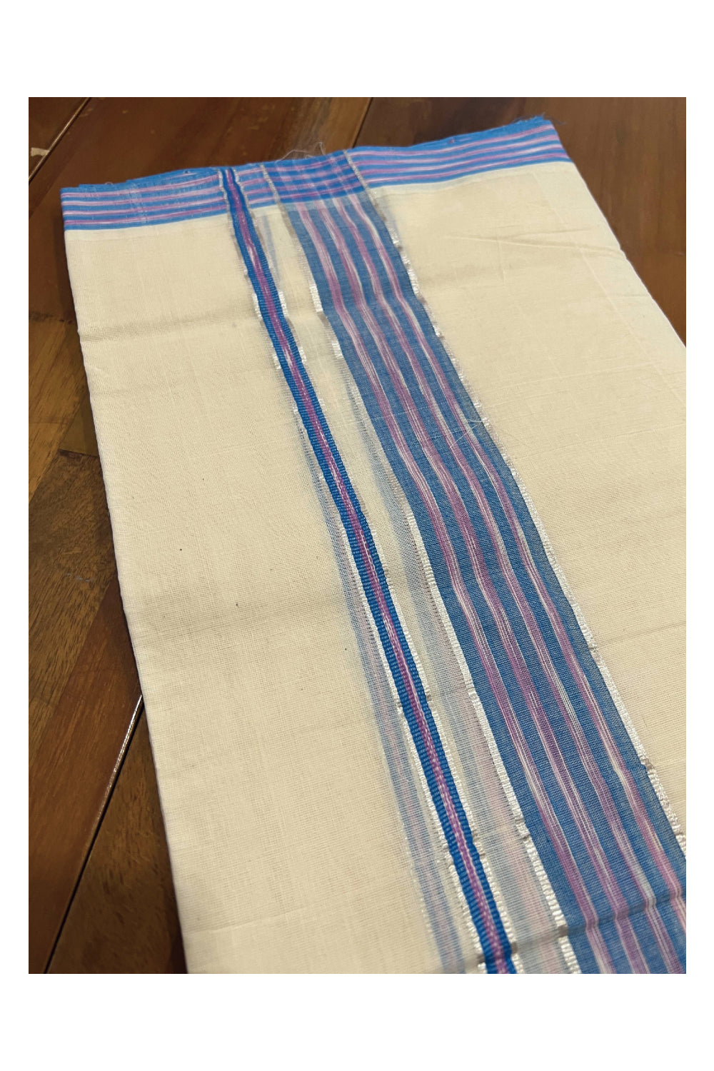 Southloom Balaramapuram Pure Cotton Handloom Mundu with Silver Kasavu and Blue Lines Border