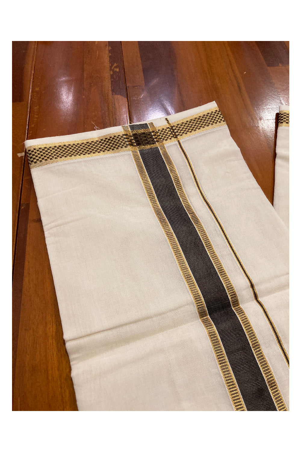 Southloom Premium Handloom Pure Cotton Mundu with Golden and Black Kasavu Design Border (South Indian Dhoti)