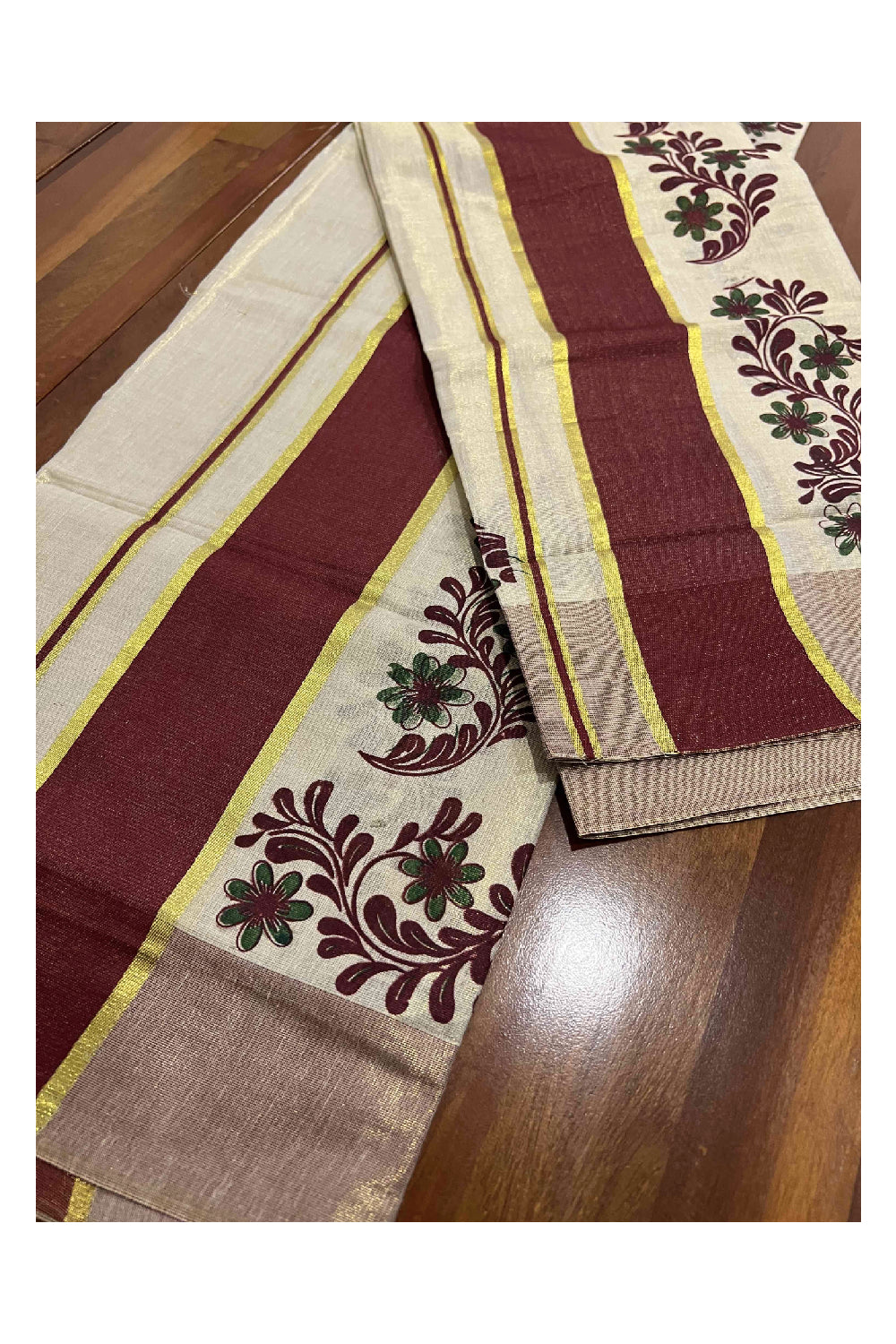 Kerala Tissue Kasavu Set Mundu (Mundum Neriyathum) with Maroon Block Printed Pallu