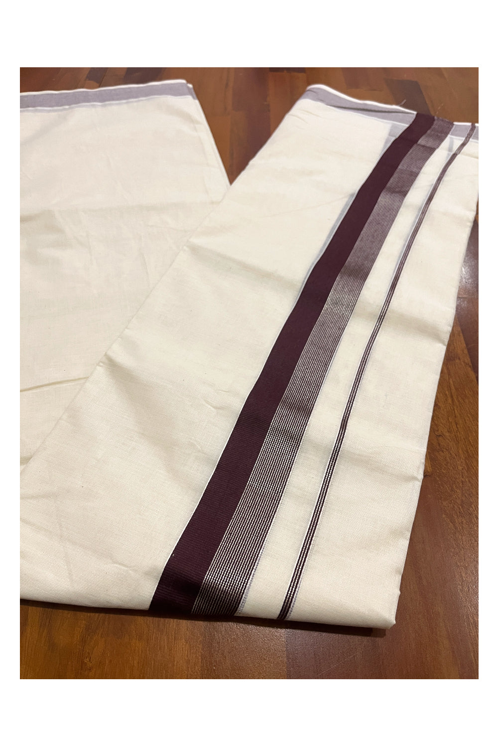 Pure Cotton Off White Double Mundu with Brown and Silver Line Kara (South Indian Dhoti)