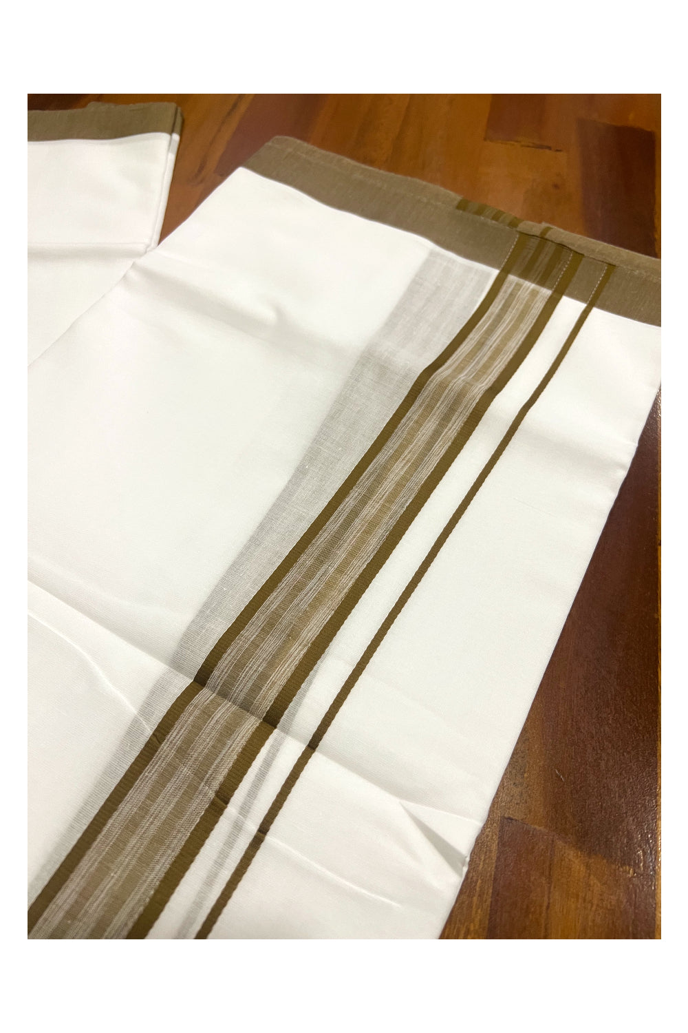 Pure White Cotton Double Mundu with Olive Yellow Border (South Indian Dhoti)