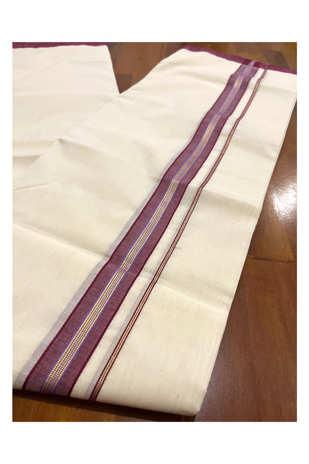 Southloom Premium Handloom Double Mundu with Maroon and Kasavu Border (South Indian Kerala Dhoti)