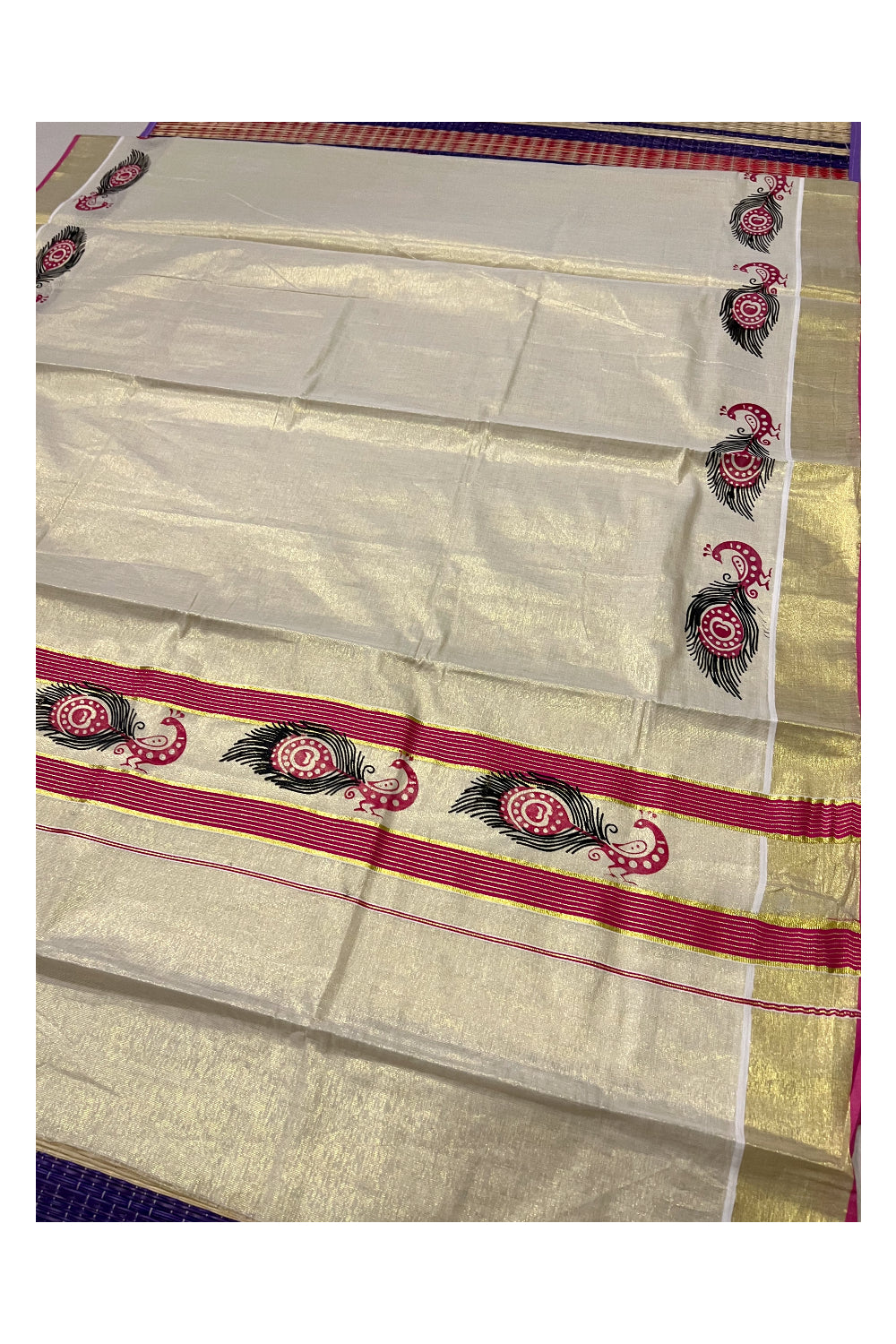 Kerala Tissue Kasavu Saree with Pink and Black Peacock Block Printed Design