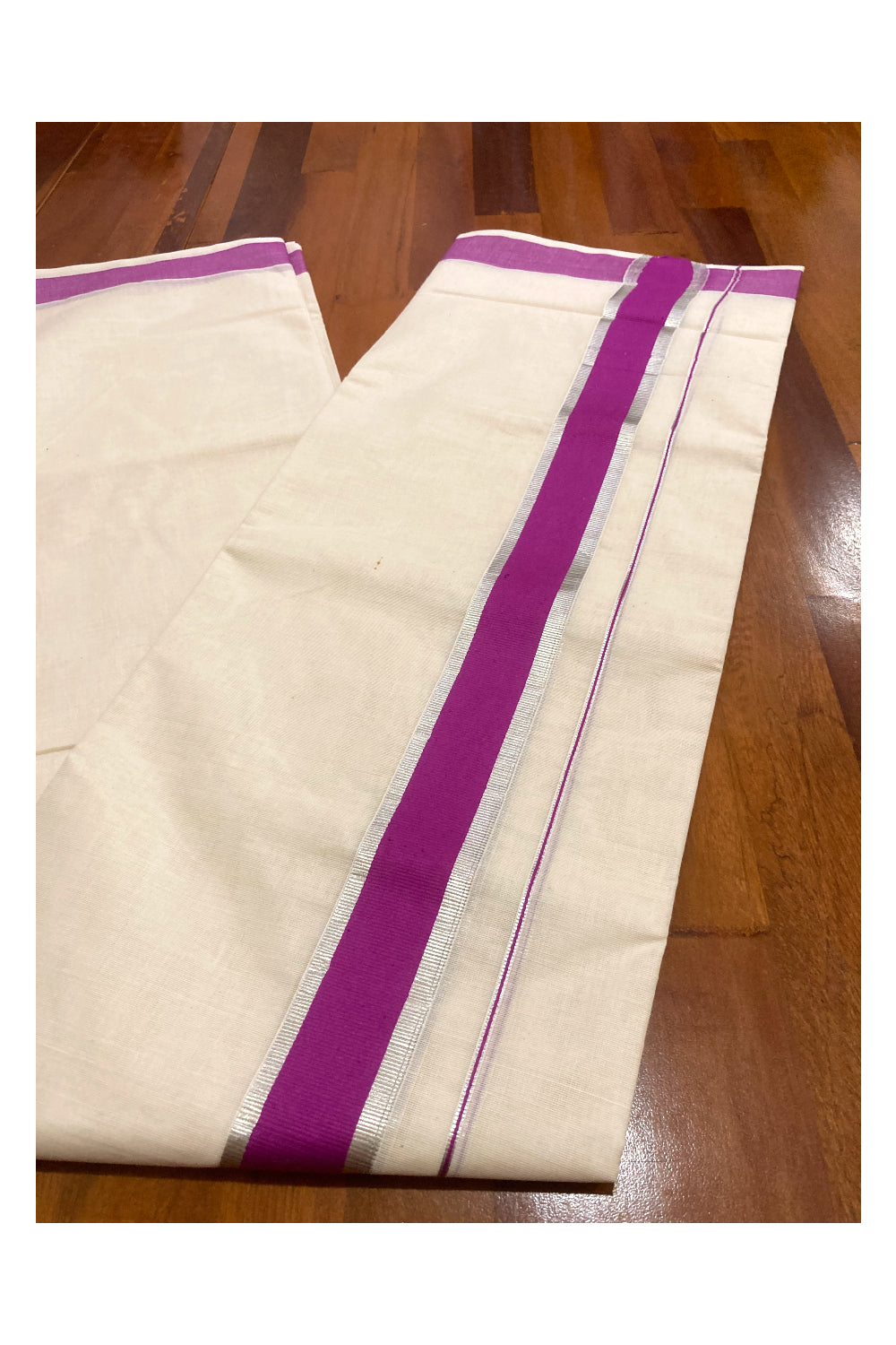 Pure Cotton Double Mundu with Magenta and Silver Kasavu Border (South Indian Kerala Dhoti)