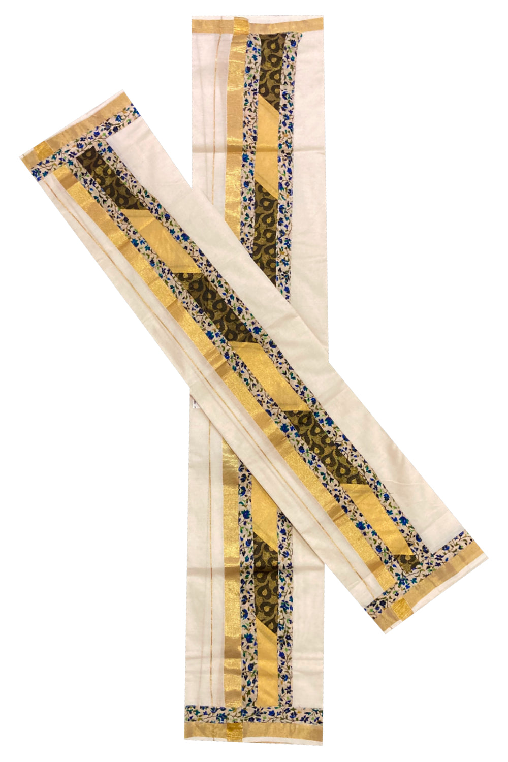 Kerala Cotton Fusion Art Set Mundu (Mundum Neriyathum) with Kasavu and Floral Figures on Beige Border 2.80 Mtrs