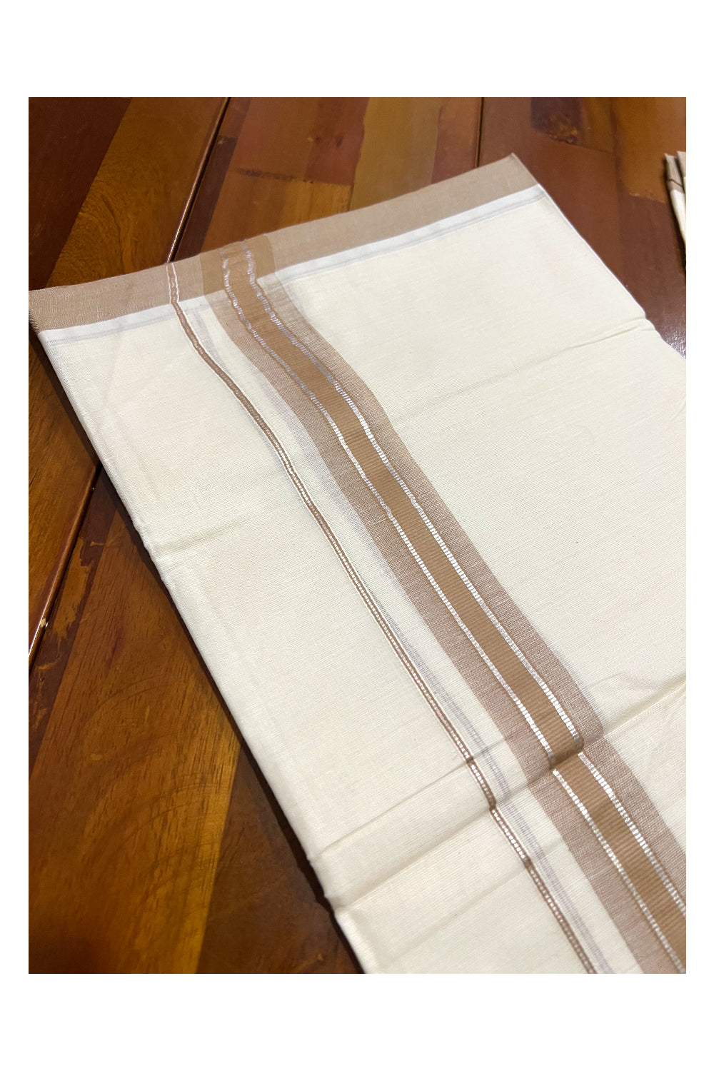 Off White Kerala Double Mundu with Silver Kasavu and Light Brown Border (South Indian Dhoti)