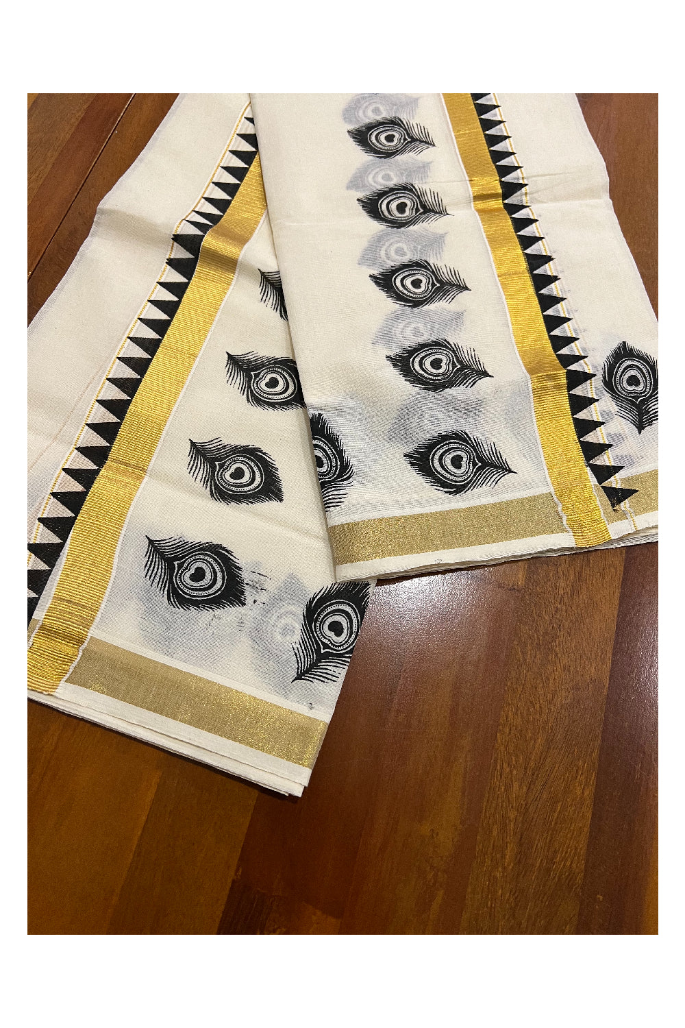 Cotton Kasavu Set Mundu (Mundum Neriyathum) with Black Block Feather Temple Prints on Border