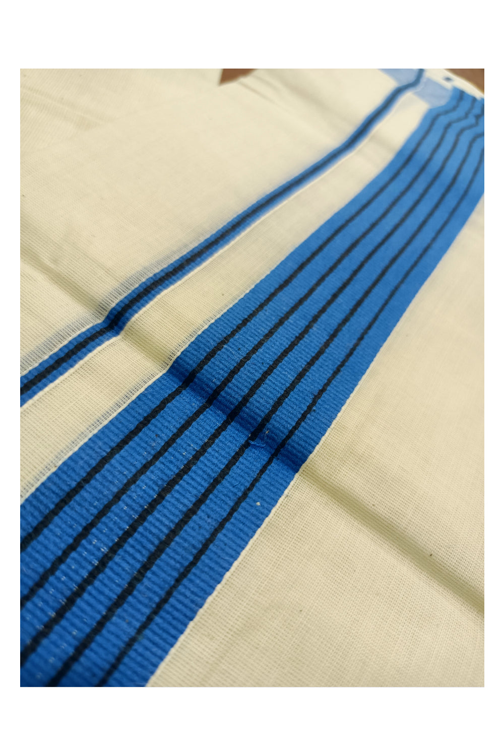 Off White Kerala Double Mundu with Black Lines on Blue Border (South Indian Dhoti)