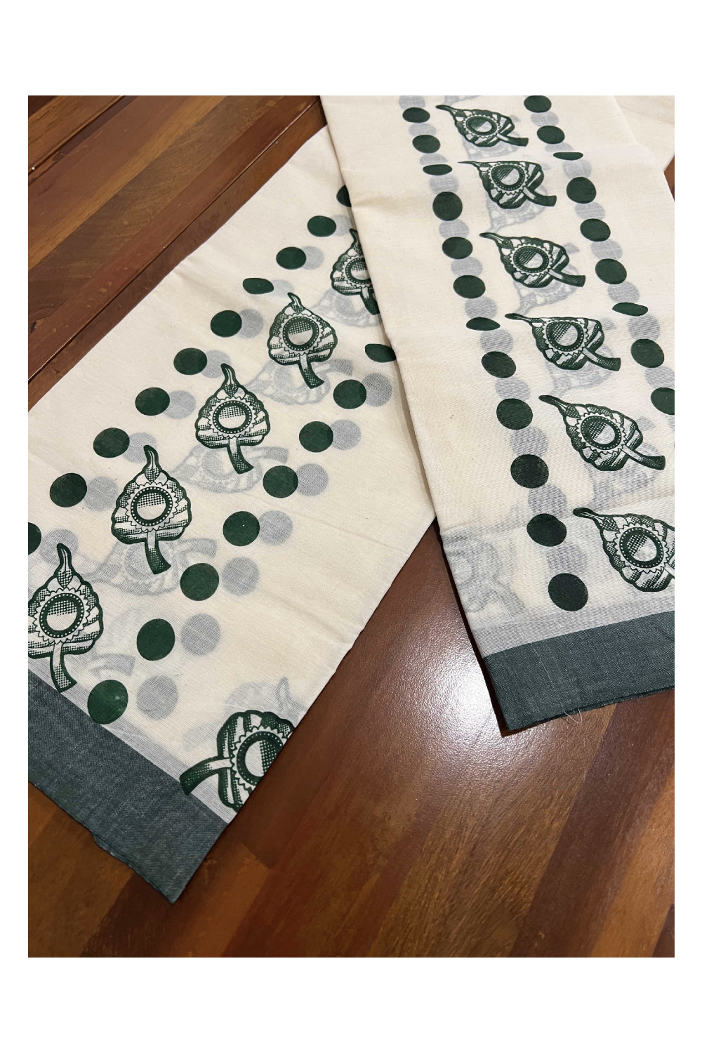 Kerala Cotton Set Mundu (Mundum Neriyathum) with Green Polka Leaf Block Prints on Border