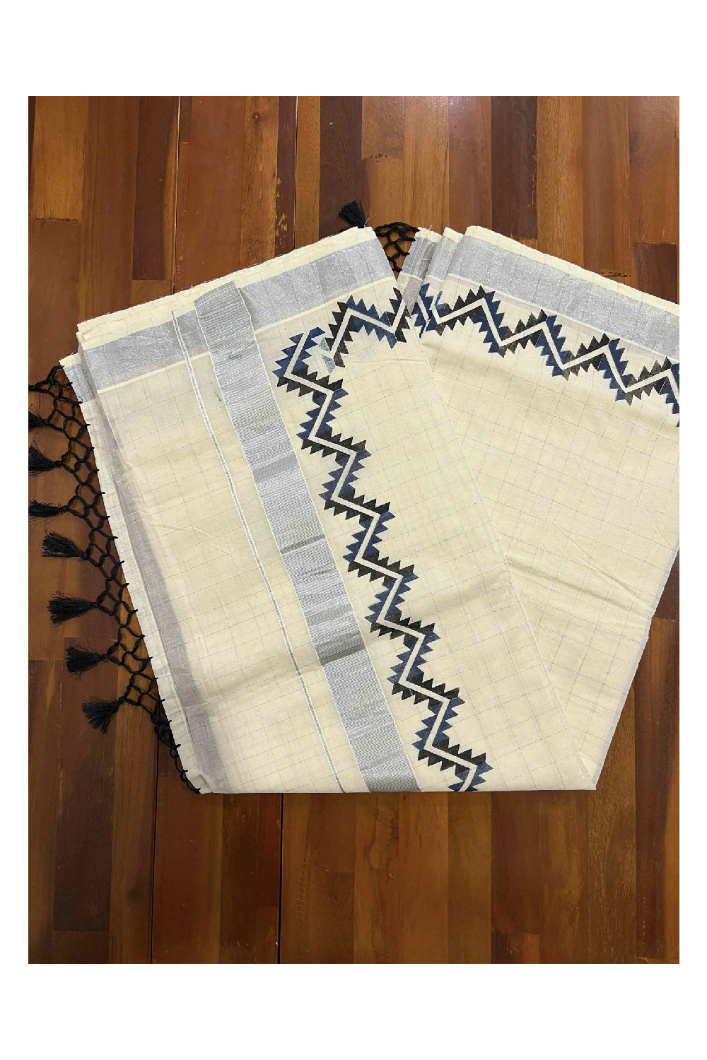 Kerala Silver Kasavu Woven Check Saree with Blue and Black Block Printed Border