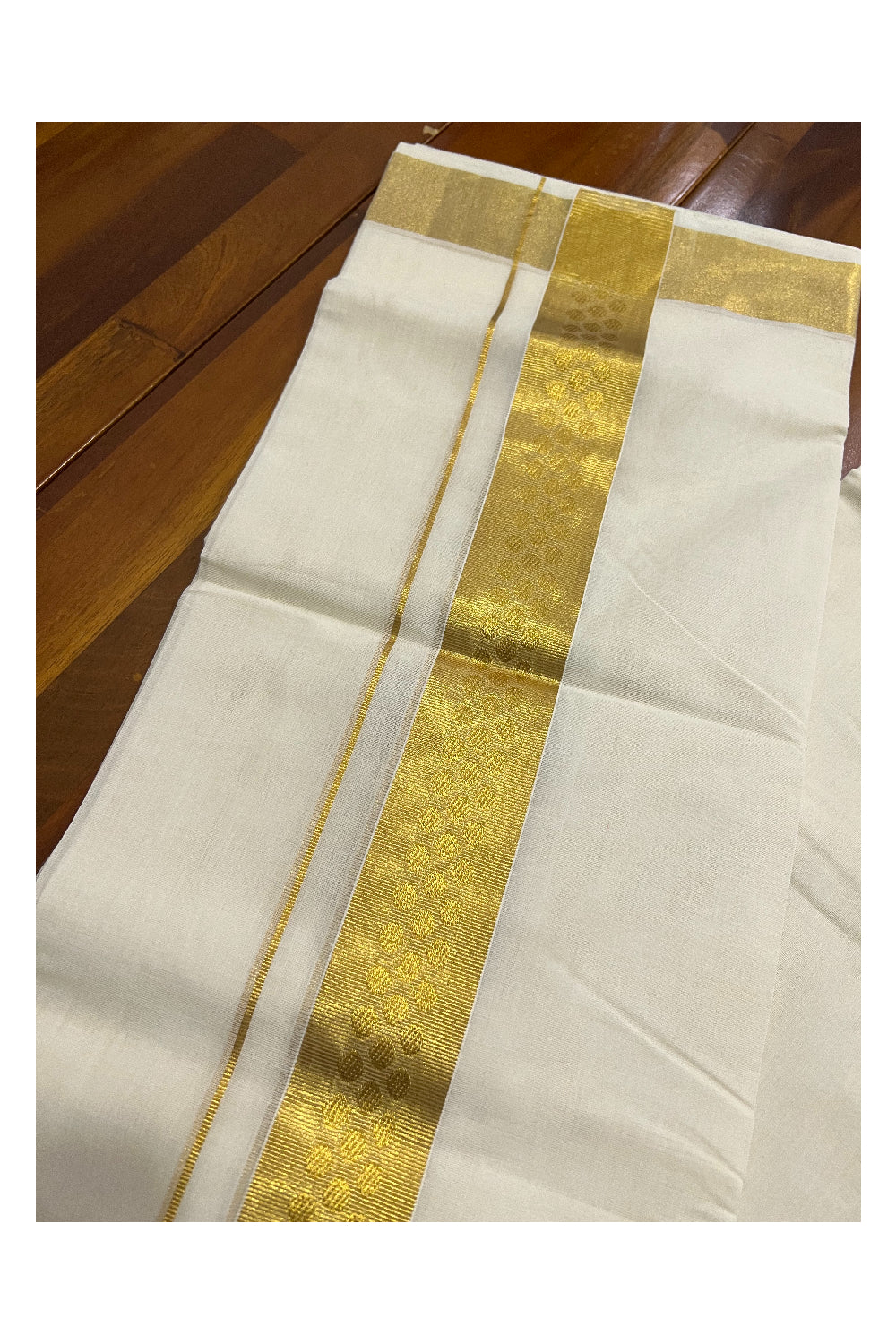 Southloom Balaramapuram Handloom Pure Cotton Wedding Mundu with Kasavu Woven Small Polka Design Border (South Indian Dhoti)
