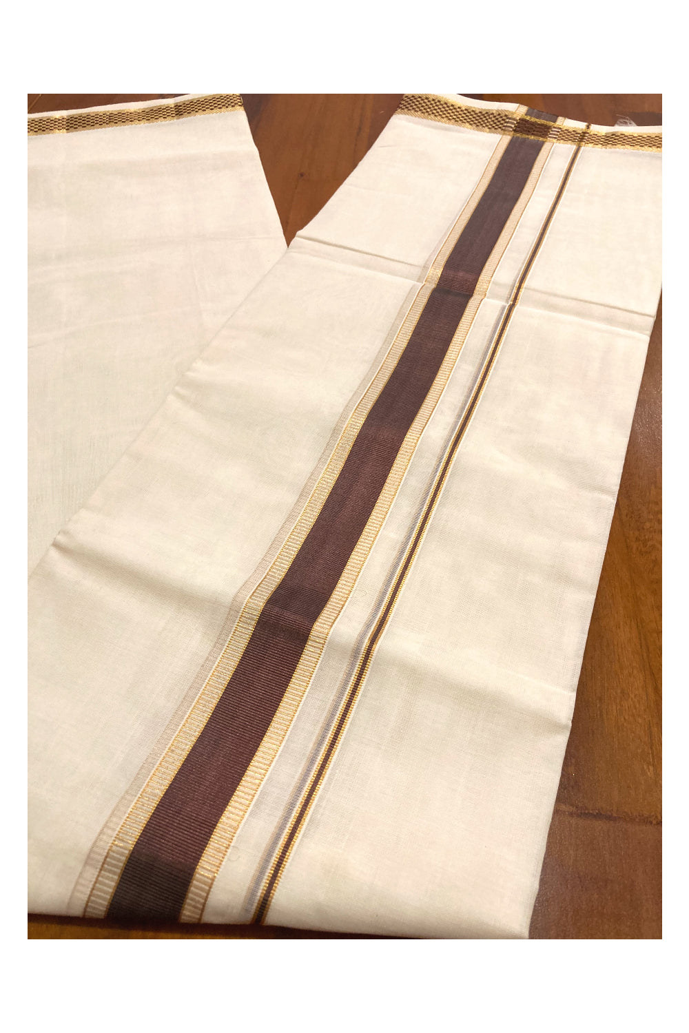 Southloom Premium Handloom Pure Cotton Mundu with Golden and Brown Kasavu Design Border (South Indian Dhoti)