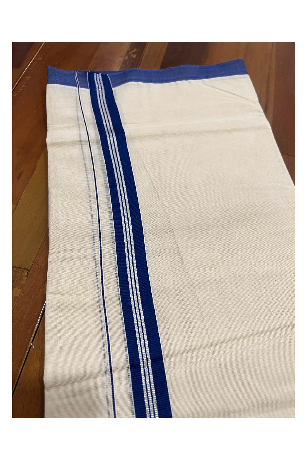 Off White Pure Cotton Double Mundu with SIlver Kasavu and Dark Blue Kara (South Indian Dhoti)