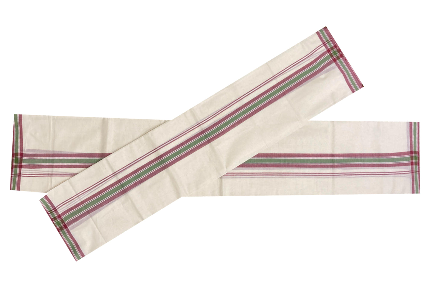 Kerala Cotton Mundum Neriyathum Single (Set Mundu) with Mulloth Design Dark Red and Green Border (Extra Soft Cotton)