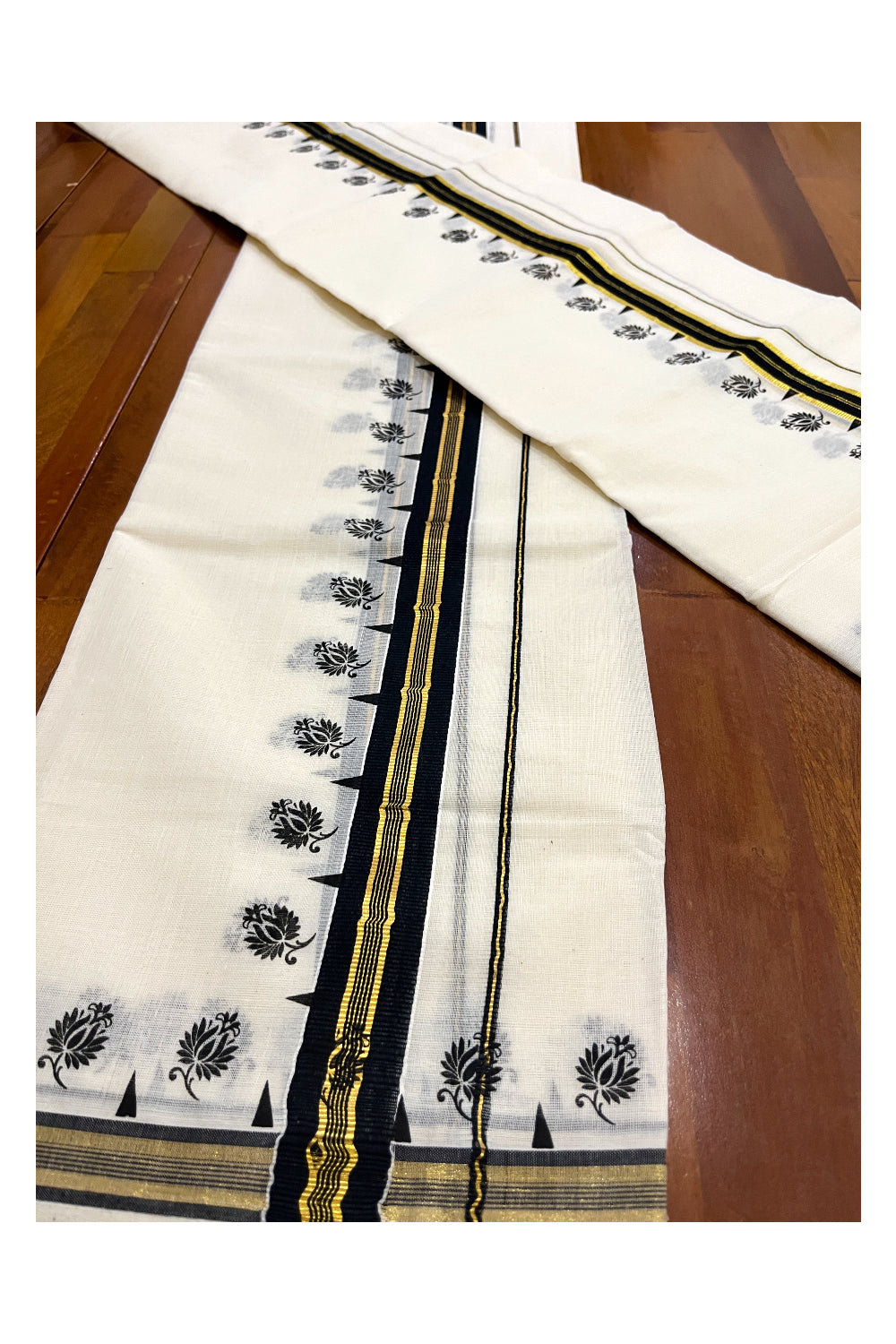 Kerala Cotton Single Kasavu Set Mundu (Mundum Neriyathum) with Black Block Prints on Border