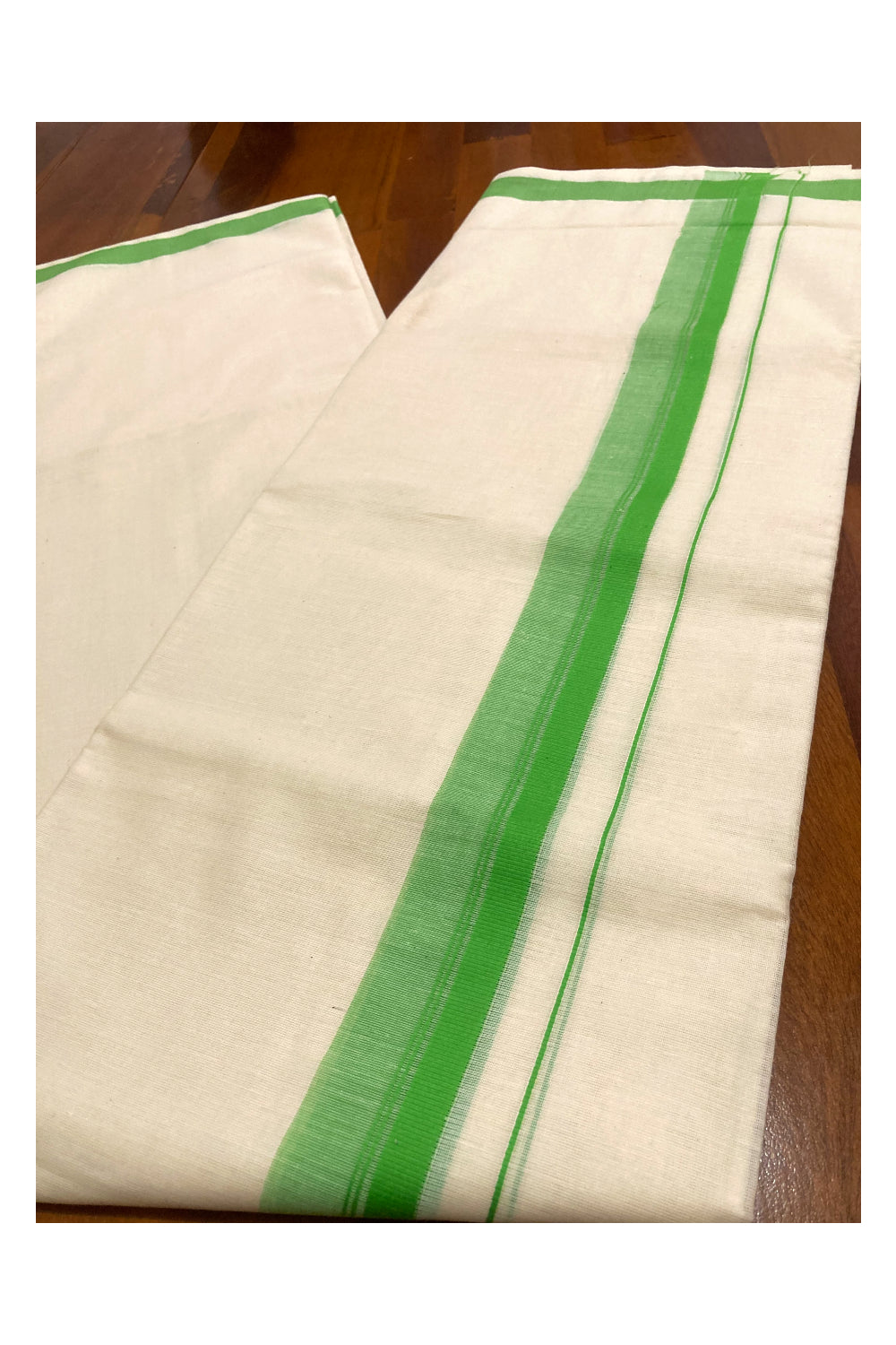 Off White Pure Cotton Double Mundu with Green Border (South Indian Dhoti)