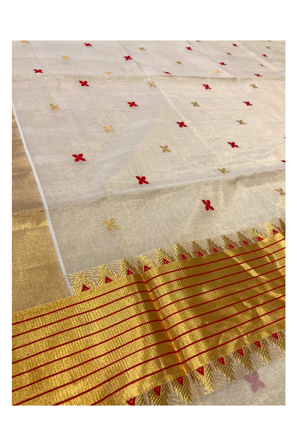 Southloom™ Premium Handloom Tissue Kasavu Saree with Golden and Red Floral Work