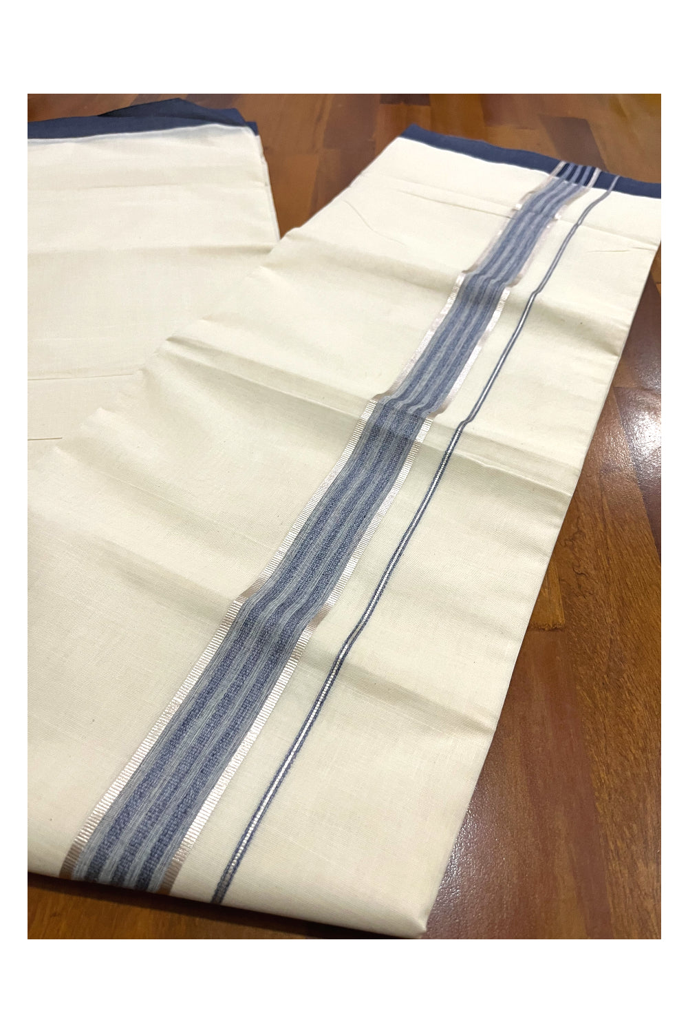 Pure Cotton Off White Double Mundu with Silver Kasavu and Blue Border (South Indian Dhoti)