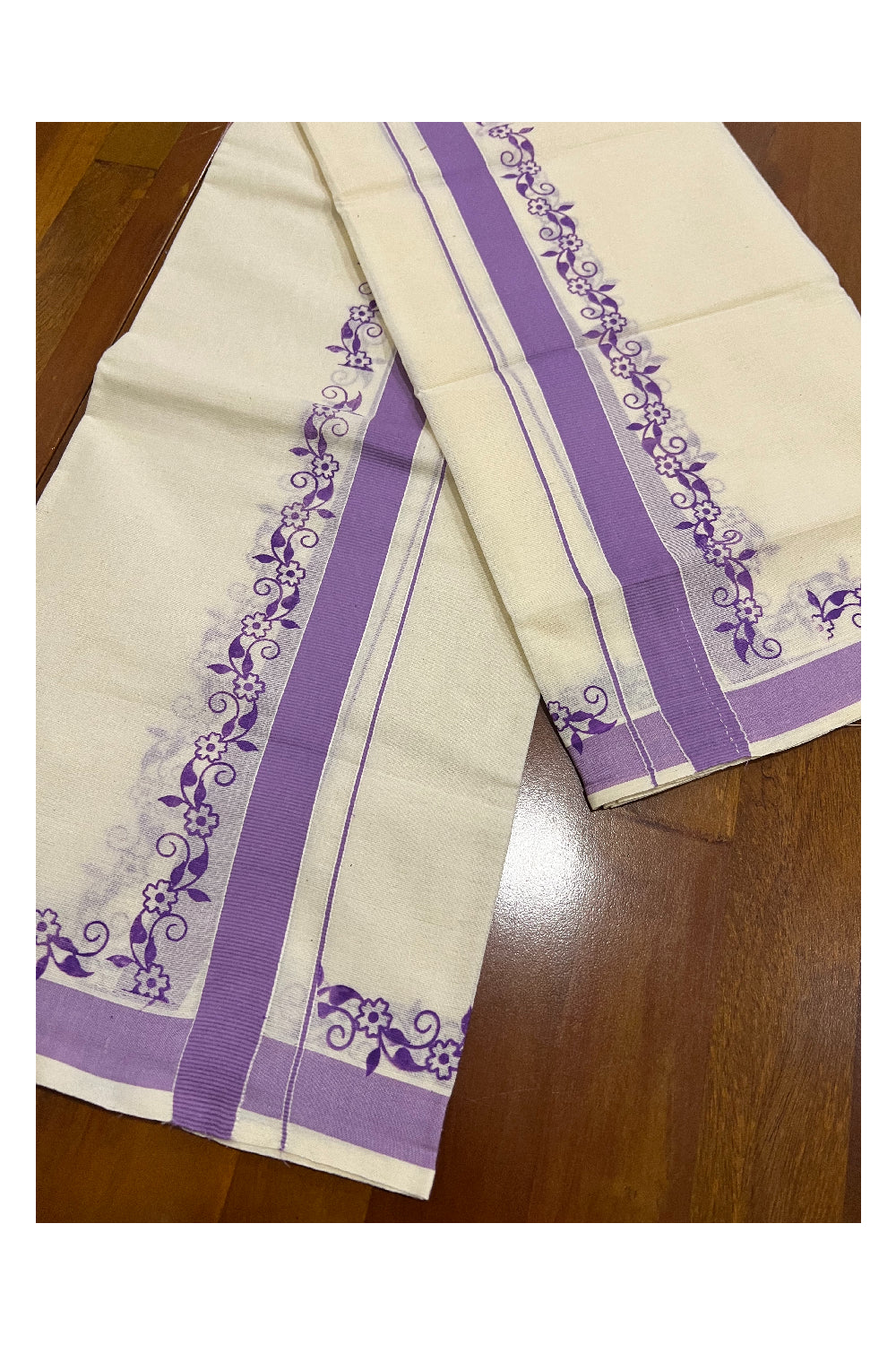 Pure Cotton Set Mundu (Mundum Neriyathum) with Violet Floral Block Prints on Border