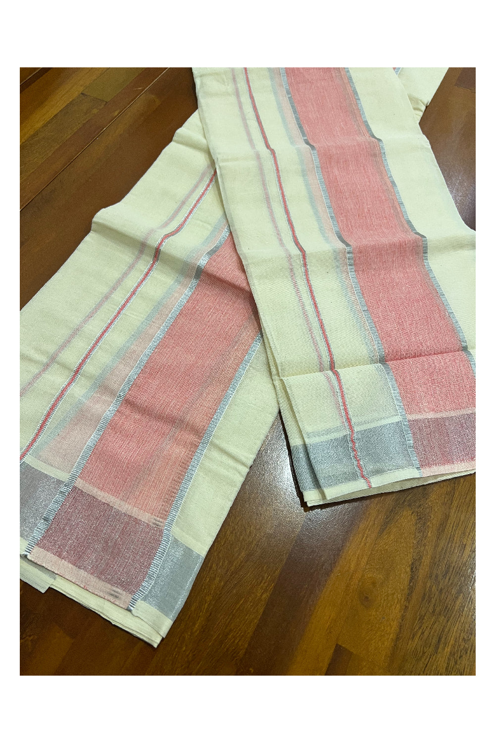 Kerala Cotton Set Mundu (Mundum Neriyathum) with Peach and Narrow Silver Kasavu Border