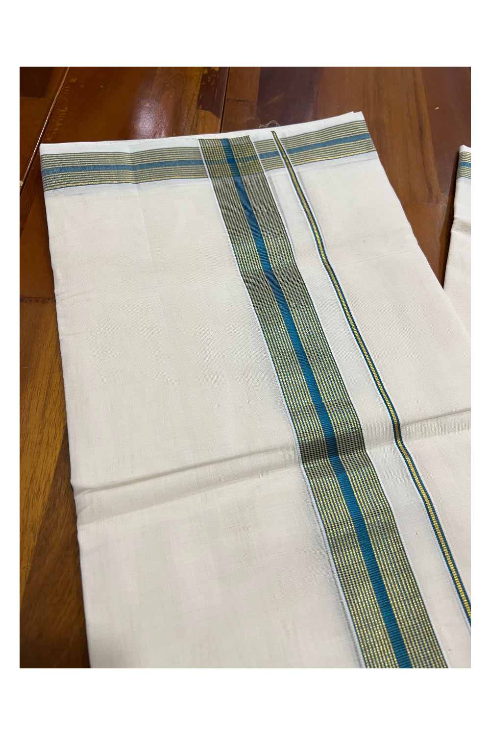 Southloom Kuthampully Handloom Pure Cotton Mundu with Golden and Teal Blue Kasavu Border (South Indian Dhoti)