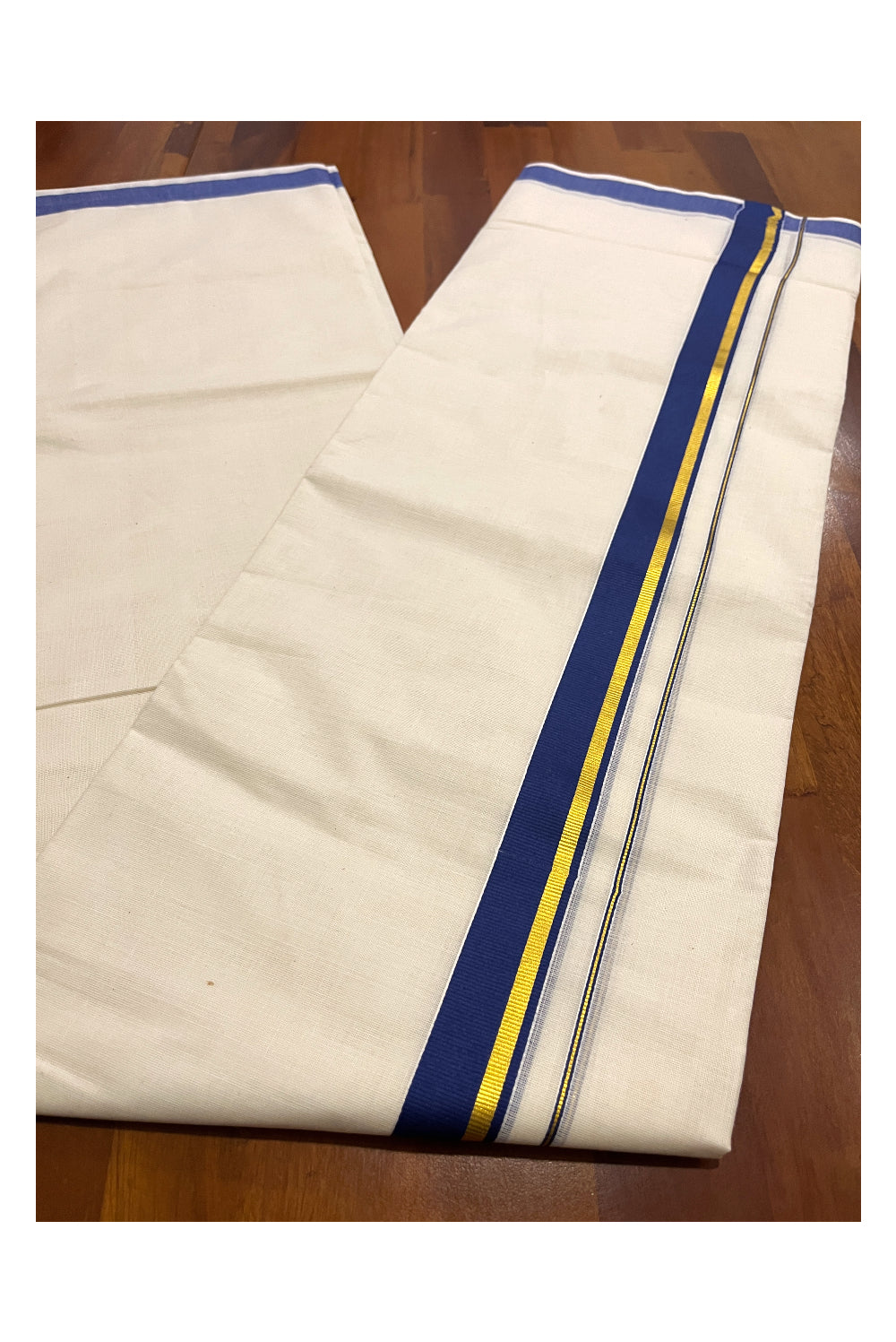 Pure Cotton Double Mundu with Blue and Kasavu Kara (South Indian Kerala Dhoti)