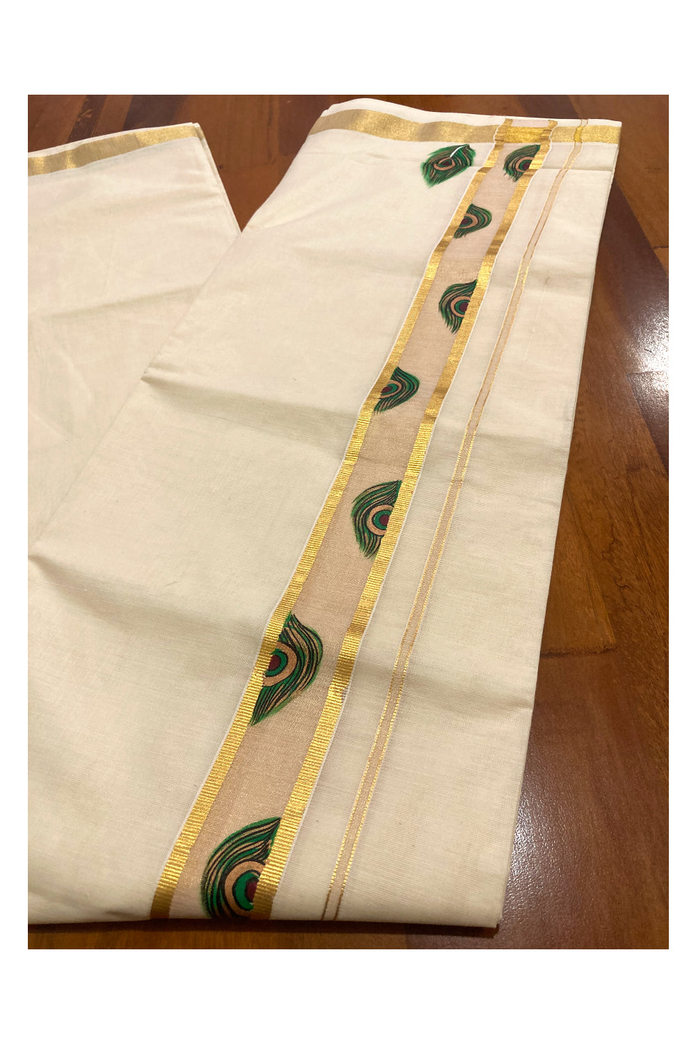 Off White Pure Cotton Double Mundu with Mural Prints on Kasavu Kara (South Indian Dhoti)